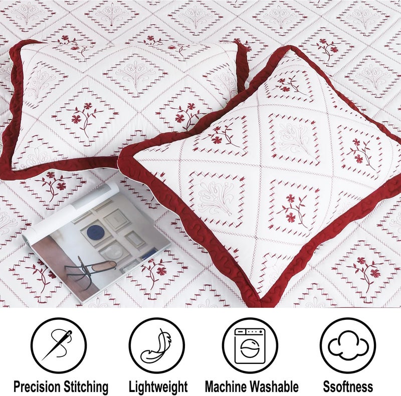 Cmfshape Floral Embroidery Quilt Set,3 Pieces King Size Quilt Bedding Set,Classic Diamond Pattern Quilts,Ultra Soft Lightweight Reversible Bedspread Coverlets for All Season(Burgundy,104"x90") - Image 4